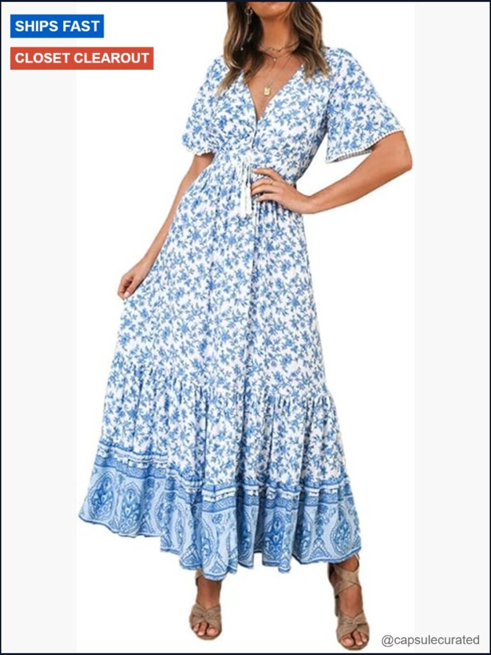 Casual V-Neck Midi Dress with Drawstring Waist and Ruffle Hem